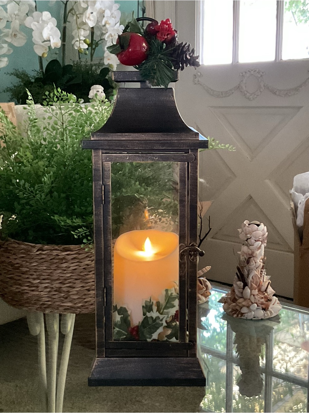 Rustic Black Metal Lantern with Red & Green Holiday Candle
